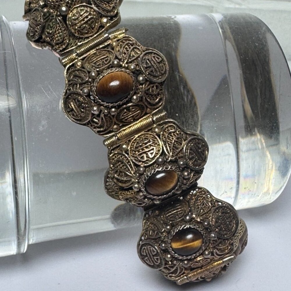 Vtg Chinese Export Bracelet Tiger's Eye Cabochon Silver Gilded Vermeil Filigree